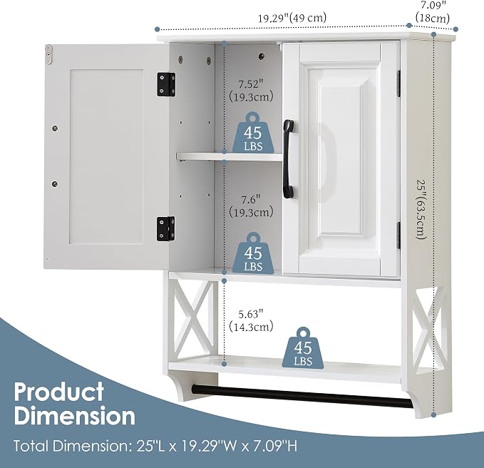 Bathroom Wall Cabinet, Adjustable Shelf & Towel Bar–Over Toilet Storage - Image 2