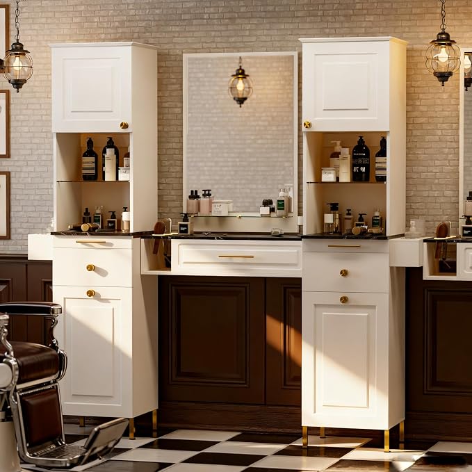 Salon Stations for Hair Stylist, Barber Station w/Glass Shelf & Golden Handles - Image 2