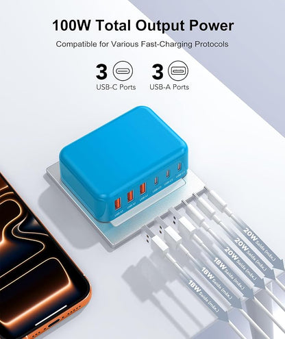 Fast Charger Block, GaN 6 Port USB C Charging Station Hub Cube, 100W Multiport - Image 2