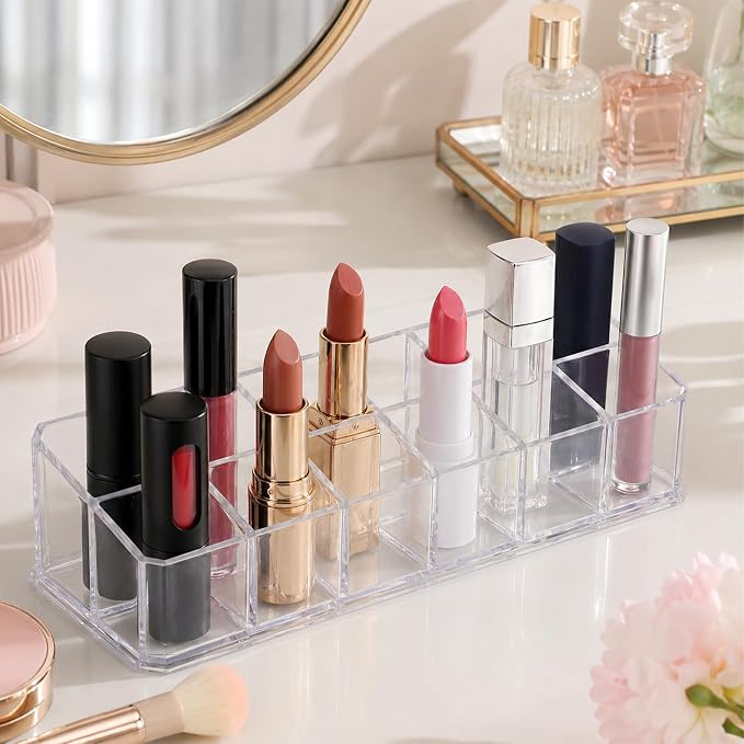 2 Rows Transparent Lipstick Holder, 12-Slot Acrylic Lipstick Organizer Case - Image 5