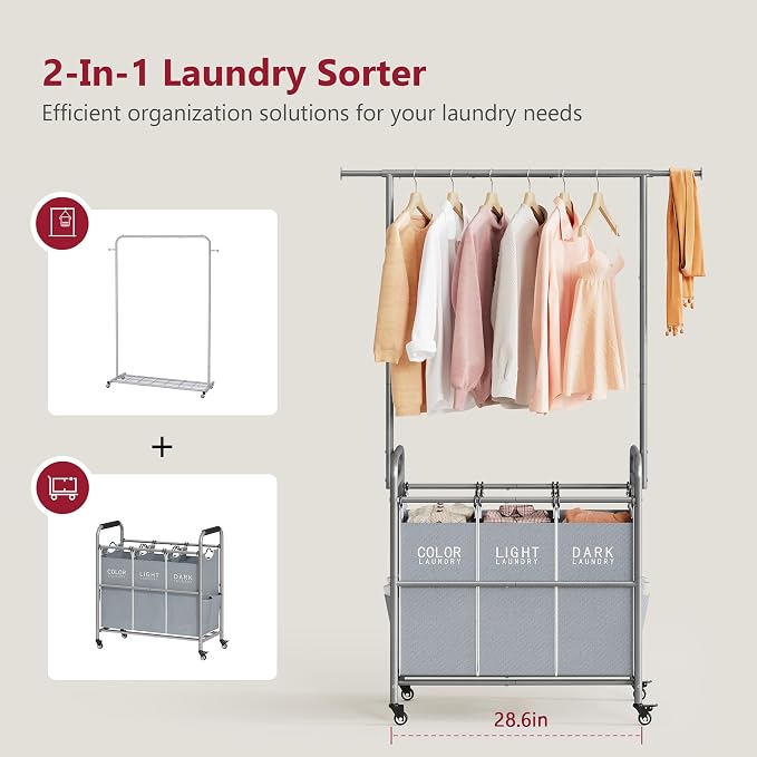 Tajsoon Laundry Sorter with Hanging Bar, 3 Section Rolling Laundry Hamper with - Image 3