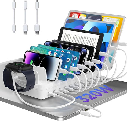 320W Charging Station for Multiple Devices, 10 Ports Fast Multi-Device Charger by MERGROLY