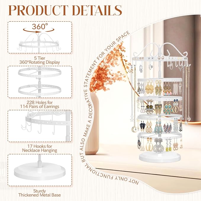 MODOWEY Rotating Jewelry Holder Organizer Stand, 5 Tier Metal Adjustable - Image 3