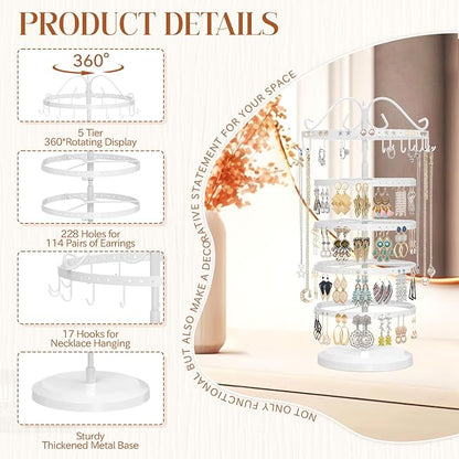 MODOWEY Rotating Jewelry Holder Organizer Stand, 5 Tier Metal Adjustable - Image 3