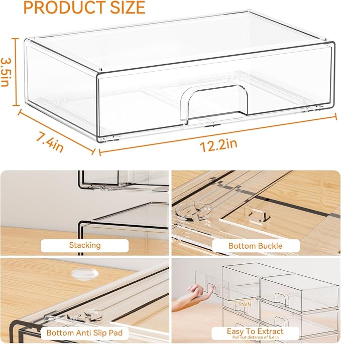12.2''W Clear Stackable Storage Drawers, 4 Pack Acrylic Drawers, Bathroom - Image 3
