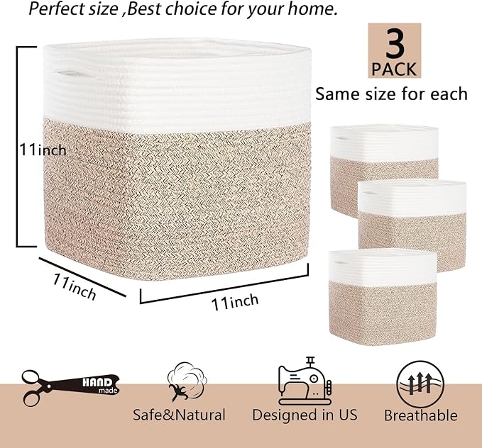 Storage Cubes 11 Inch Cotton Rope Woven Storage Basket - Image 3