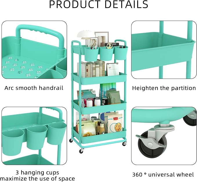 JIUYOTREE 4-Tier Plastic Rolling Storage Cart Utility Cart - Image 7