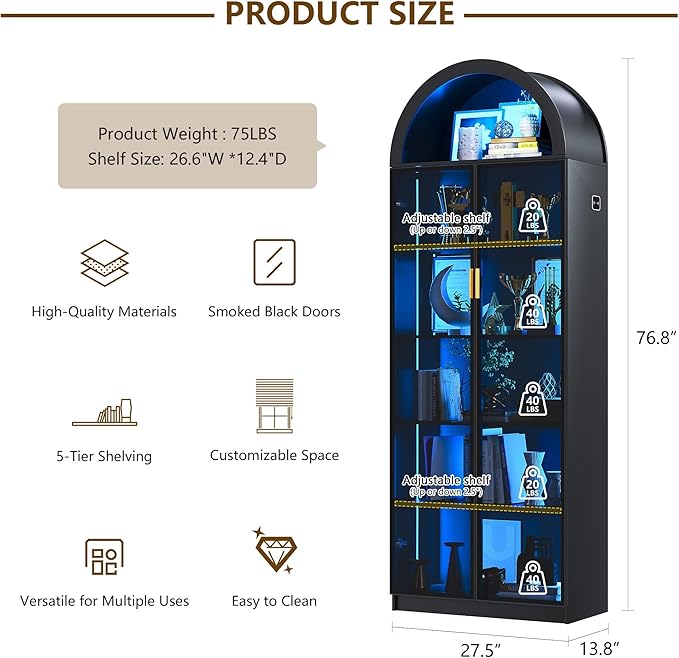 Arch Display Cabinet with Doors and Adjustable Shelves, 6 Tier Display Case - Image 2