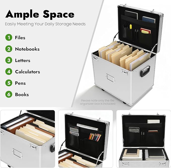 Locking Rolling File Box with Wheels, 19.2" L Portable Aluminum Alloy Storage - Image 4