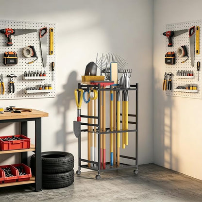 Garden Tool Organizer with Wheels, Heavy-Duty Yard Tool Rack with 3 Side Hooks - Image 9