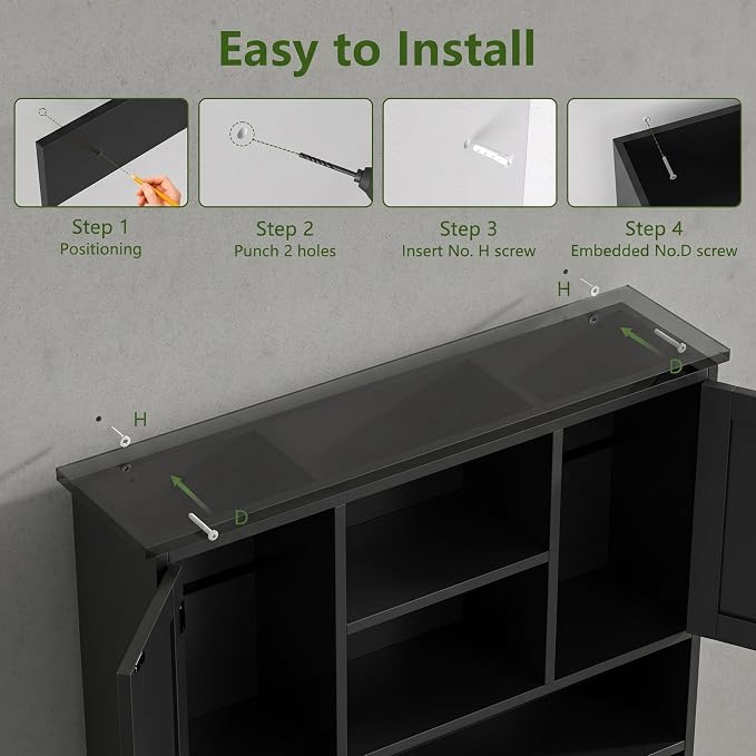 Bathroom Wall Cabinet with Doors and Hooks, 3-Tier Wall Mounted Cabinet | - Image 7