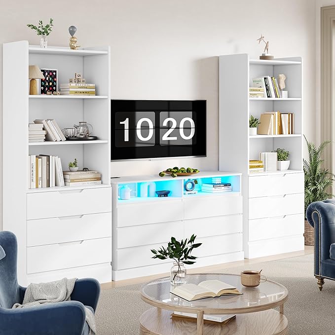 DICTAC Bookcase Set of 2 with 3 Drawers 73.23'' White Bookshelf Storage - Image 5