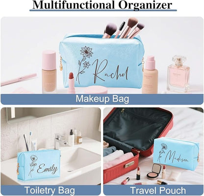 Personalized Makeup Bag with Name & Birth Flower, Custom Leather Cosmetic Bags - Image 4