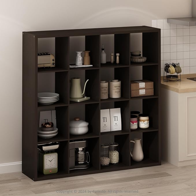 Furinno Simple 16-Cube Storage Organizer, Display Shelf, Dark Oak | Extra Thick - Image 2