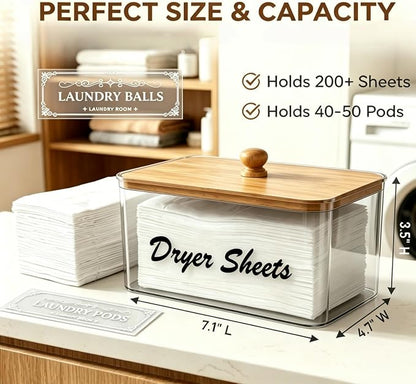 Dryer Sheet Holder with Bamboo Lid, Acrylic Laundry Clear Dryer Sheets - Image 3
