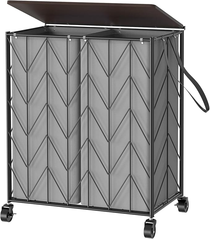 WOWLIVE Laundry Basket with Wheels, Heavy Duty Laundry Hamper with Wood Lid by WOWLIVE