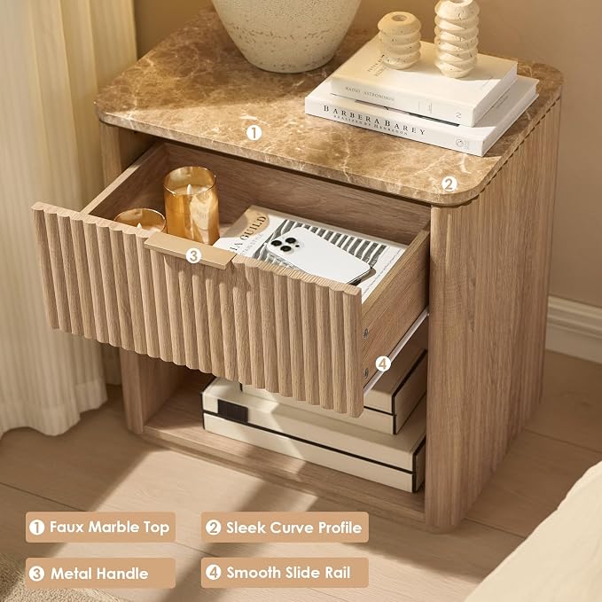 Fluted Nightstand Set of 2, Bedside Table - Image 4