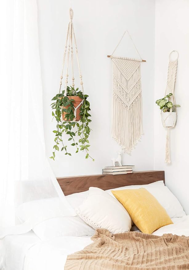Mkono Macrame Plant Hanger Indoor 35 Inch Hanging Planter Basket Ivory 3Pcs | - Image 4