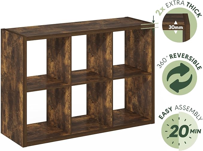 Furinno Cubicle 6-Cube Book Shelf, Extra Thick Frame Bookshelf, Amber Pine | - Image 8