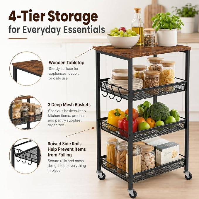 Homleke 4-Tier Rolling Kitchen Storage Cart, Utility Cart - Image 2