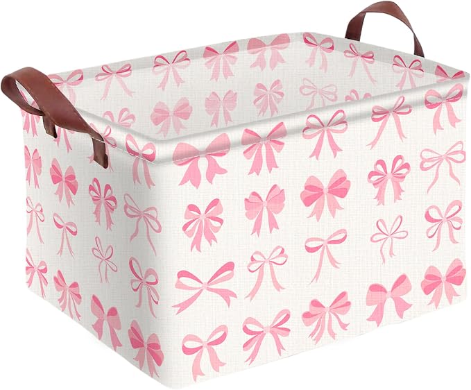 Pink Bow Decor Storage Basket Waterproof Canvas Toy Storage Bin Coquette Room by AmazerPad