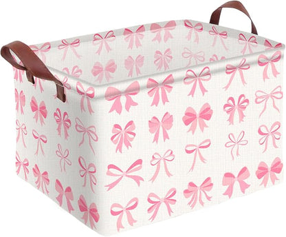 Pink Bow Decor Storage Basket Waterproof Canvas Toy Storage Bin Coquette Room by AmazerPad