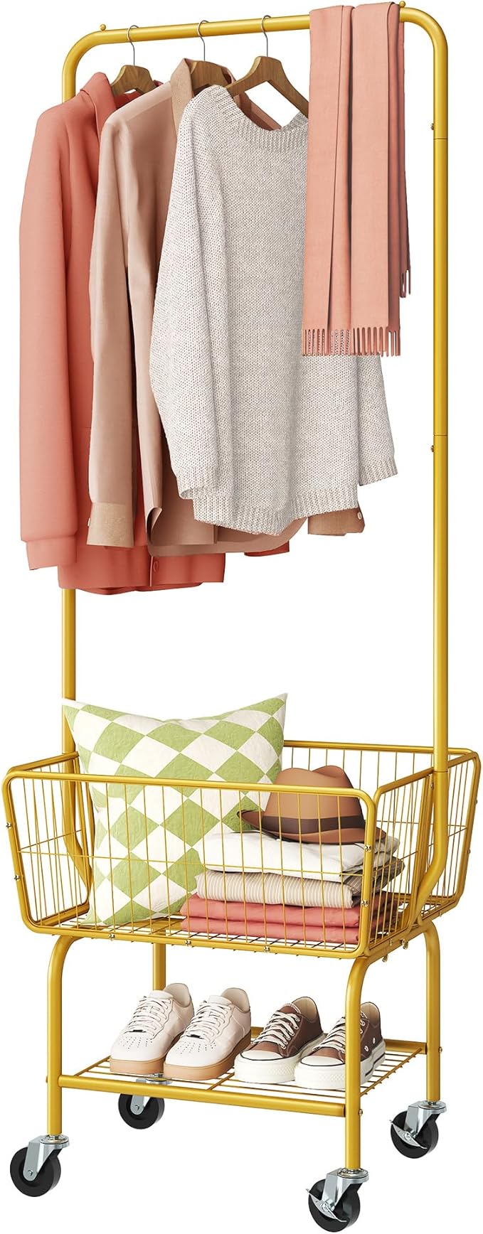Tajsoon Laundry Cart with Wheels, Metal Rolling Laundry Hamper with Hanging Rack by Tajsoon