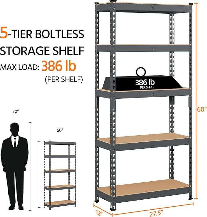 Topeakmart 5-Tier Utility Shelves, Metal Storage Shelves, Adjustable Shelving - Image 3