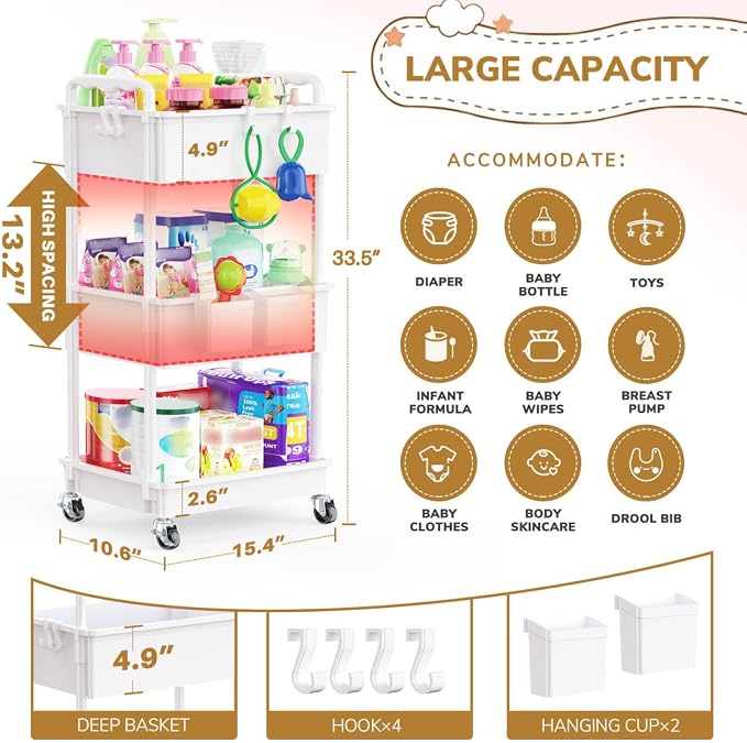 Goovilla Diaper Cart with Lockable Wheels and Easy Assembly, 3 Tier White - Image 4