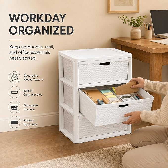 Wide 3-Drawer Plastic Storage Tower, Decorative Organizer Chest, BPA-free - Image 7