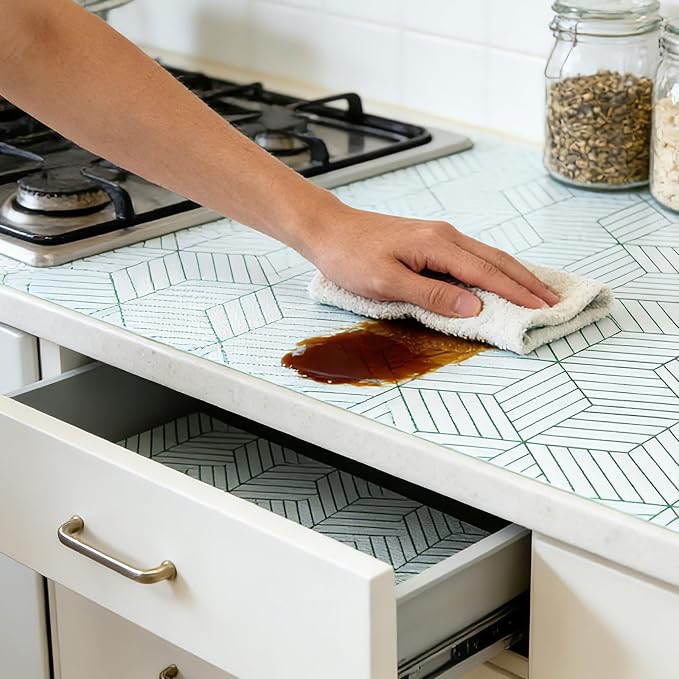 Green Geometric line Pattern Shelf Liners, Non-Adhesive and Anti-Slip Thickened - Image 3
