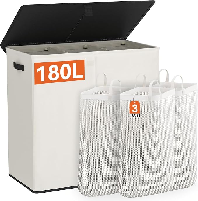 WOWLIVE Laundry Hamper with Lid, 180L Large Laundry Basket 3 Section with by WOWLIVE