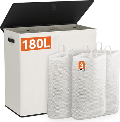 WOWLIVE Laundry Hamper with Lid, 180L Large Laundry Basket 3 Section with by WOWLIVE