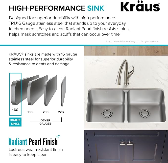 KRAUS Dex 33-inch Undermount 16 Gauge Stainless Steel Double Bowl Kitchen Sink - Image 8