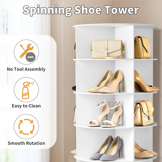 Karl home White 7 Tier 360° Rotating Shoe Rack Tower, Spinning Shoe Display | - Image 6
