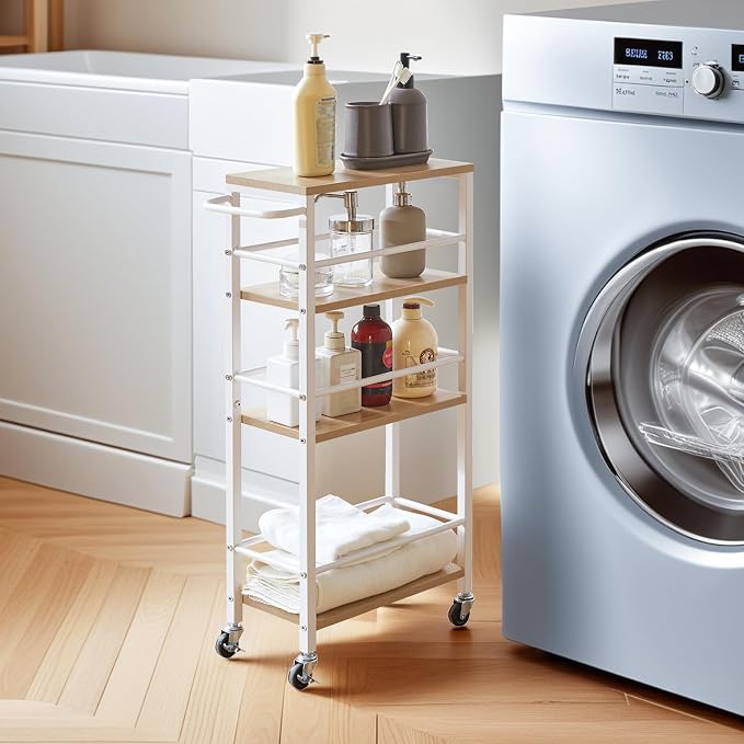 IBUYKE 7.8" Slim Rolling Cart, 4 Tier Metal Kitchen Laundry Storage Cart - Image 9
