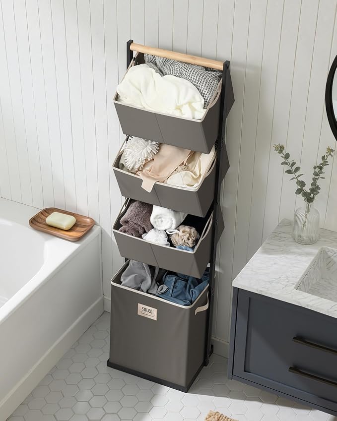 SOLEDI 4 Section Laundry Hamper Sorter, Stackable Laundry Basket Organizer - Image 8