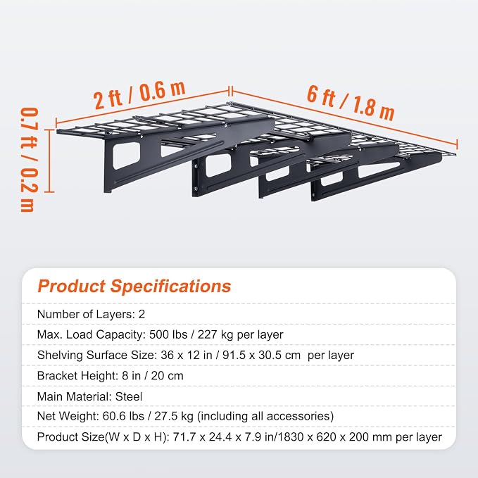 VEVOR 2 x 6 ft Garage Shelving Wall Mounted, 2 Pack Heavy Duty Wall Shelves - Image 3