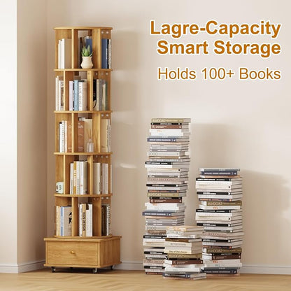 Rotating Bookshelf with Drawers on Lockable Wheels Wood Oak | 6 Tier Spinning - Image 6