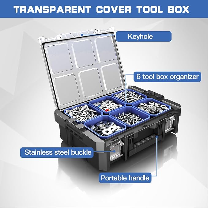 18 Inch Clear Lid Tool Box | AIRAJ Stackable Modular Tool Organizer Box Storage - Image 3