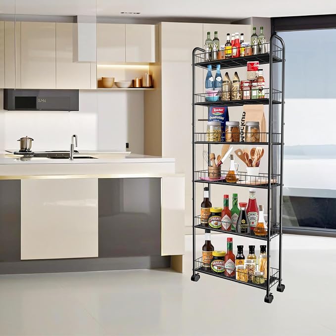 Slim Storage Cart with Wheels, 6-Tier 6in Black Narrow Rolling Shelf, Sturdy - Image 5