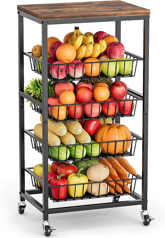 Fruit Vegetable Cart, 4-Tier Snack & Kitchen Cart on Wheels by Venkuber