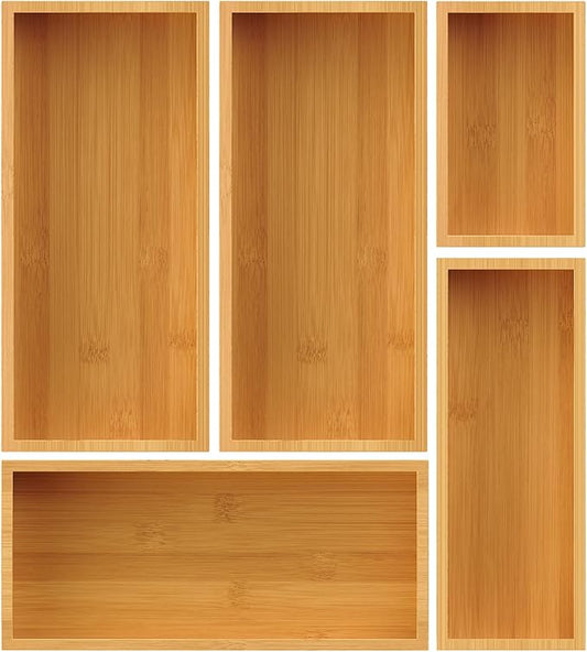 Bamboo Drawer Organizer Set, 5-Piece Storage Trays by Bayting