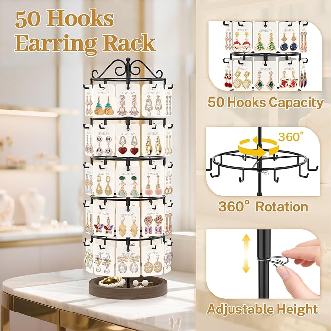MODOWEY Earring Holder Organizer Rotating Display Tree Rack, 50 Hooks Earring - Image 3