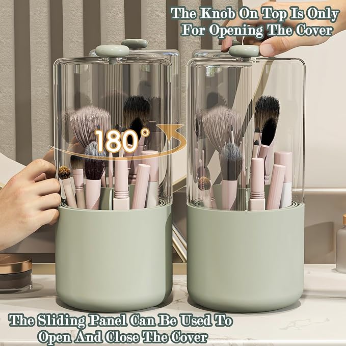 Makeup Brush Holder with Dustproof Cover, Sage Green - Image 4