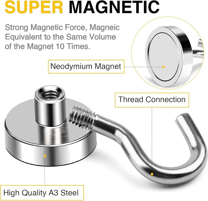 DIYMAG Magnetic Hooks, 50 LB Heavy Duty Magnets, 6 Packs Strong Rare Earth - Image 3