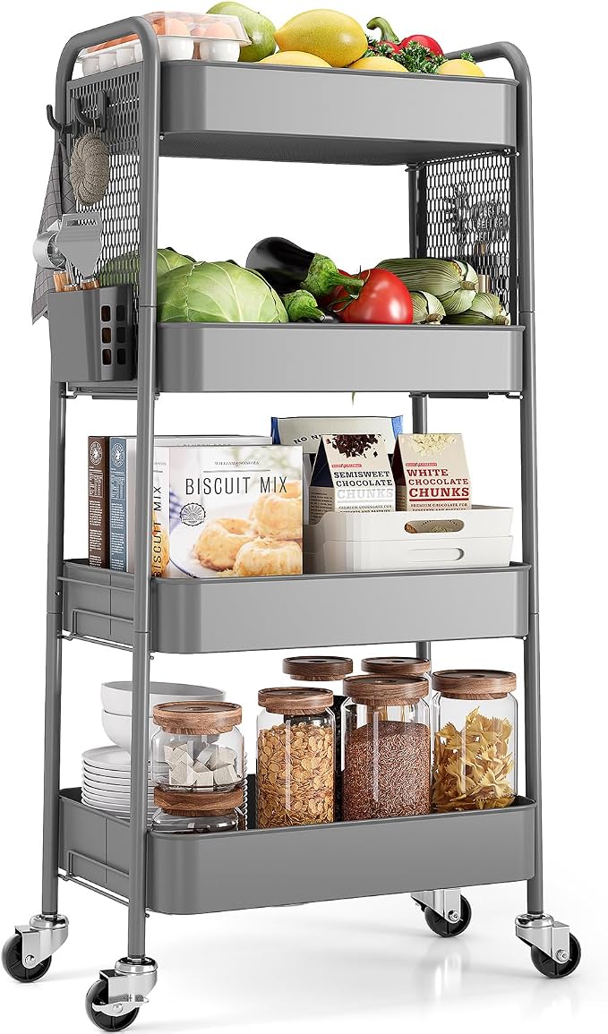 TOOLF 4 Tier Rolling Cart with Pegboard, Metal Storage Organizer Cart with by TOOLF