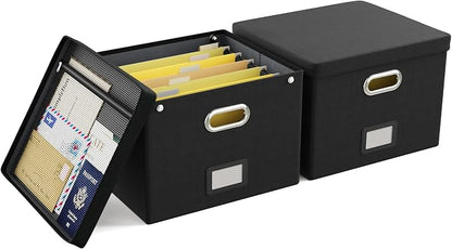 2 Pack File Organizer Box with Lid, Large Hanging Filing Box with Mesh Pocket by Oterri