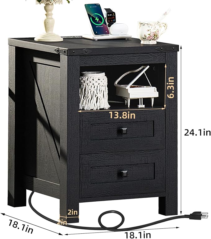 Nightstand with Charging Station, Farmhouse Night Stand with 2 Drawers and - Image 2