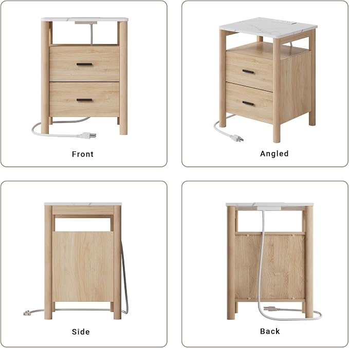 Night Stand with Charging Station, 2 Drawers End Table with Solid Round Post - Image 7